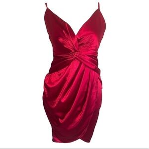 NWT Chloe Dao Red Satin Gathered Bodycon Mini Dress Size Small